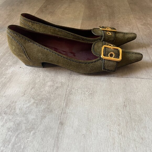 Prada Green Suede Gold Buckle Kitten Heel Mules. - Picture 6 of 7